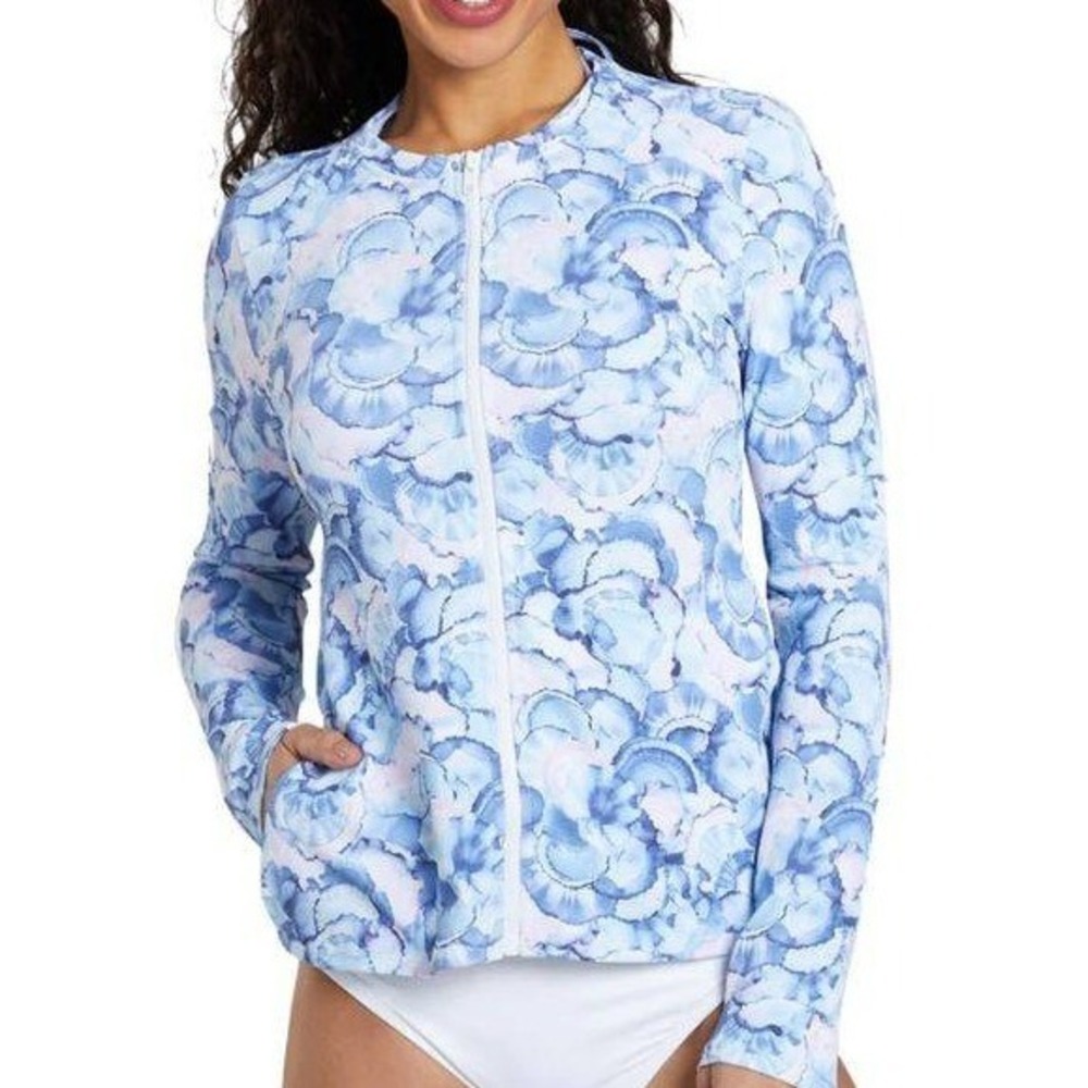 Tommy Bahama Island Cays Abalone Rashguard Blue Monday Full Zip Womens L